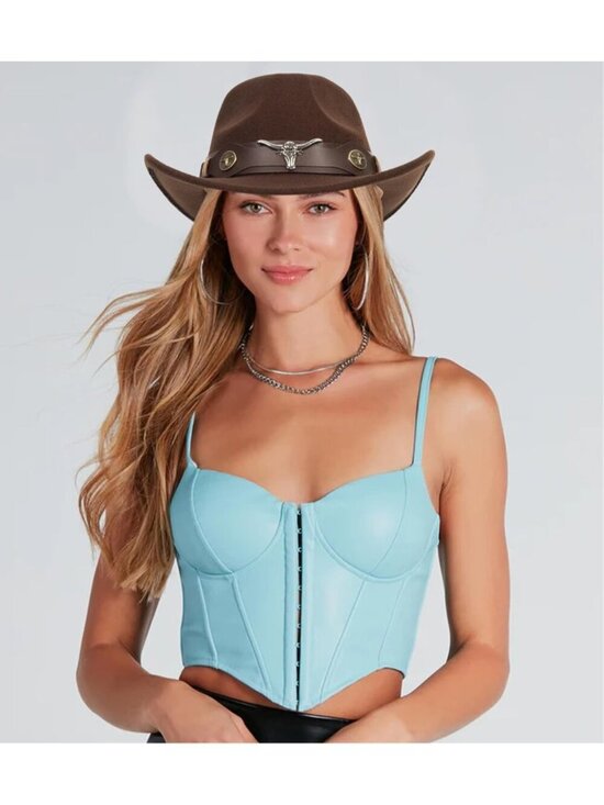 Women’s Brown Western Cowboy Hat with Bull Charm Leather Band Style (Size:S-M) main image 4